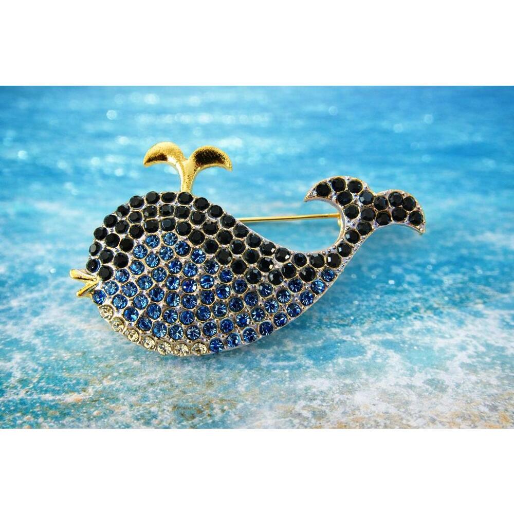 Whale Brooch Dark Blue Light Blue Clear Rhinestones Gold Tone FREE SHIPPING